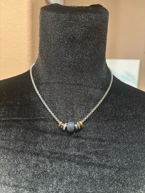 Elegant Two-Tone Bead Necklace with Blue Pave Center